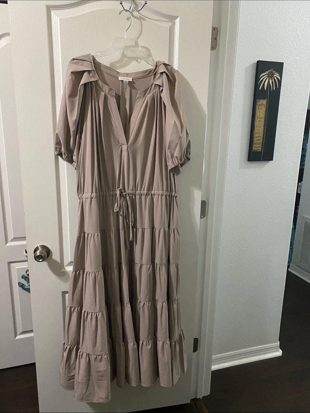 Calvin Klein Taupe Tiered Maxi Dress with Puff Sleeves